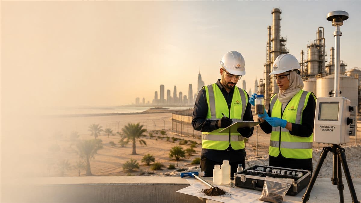Kuthban environmental consultants collecting air and soil samples on site in Kuwait