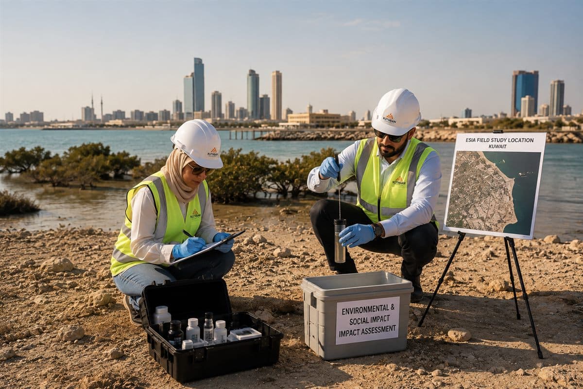 Kuthban team conducting an environmental and social impact assessment near the coastline in Kuwait