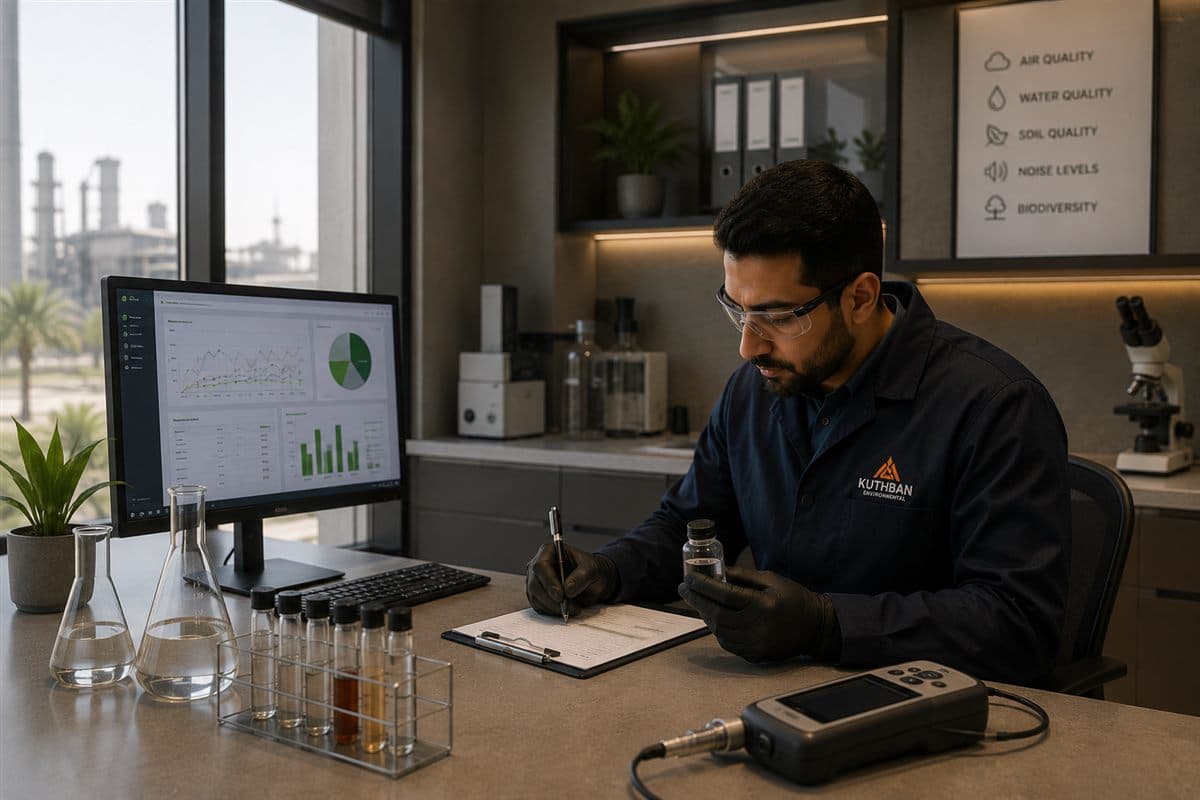 Kuthban specialist analyzing water and air quality data in the laboratory